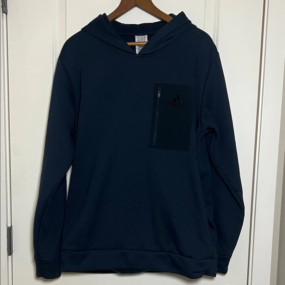 Adidas Sweatshirt Navy Blue Hoodie Chest Zipper Pocket Large